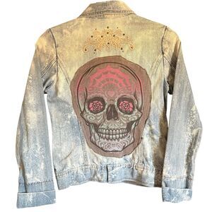 Upcycled Women's Distressed Denim Jacket w/ Skull Design & Embroidered Accents-S
